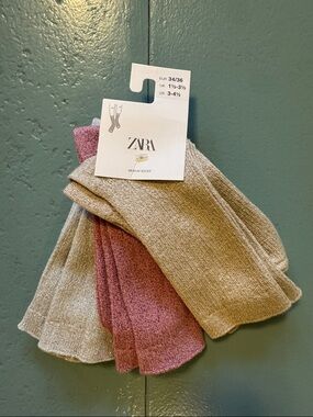 ZARA Metallic Pink, silver, and Gold Crew Socks Set size 10-12 years NWT